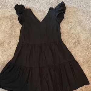 Gibson Latimae Black midi Dress with Ruffle Sleeves